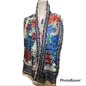 Vintage red, blue, white poppy carnations floral scarf